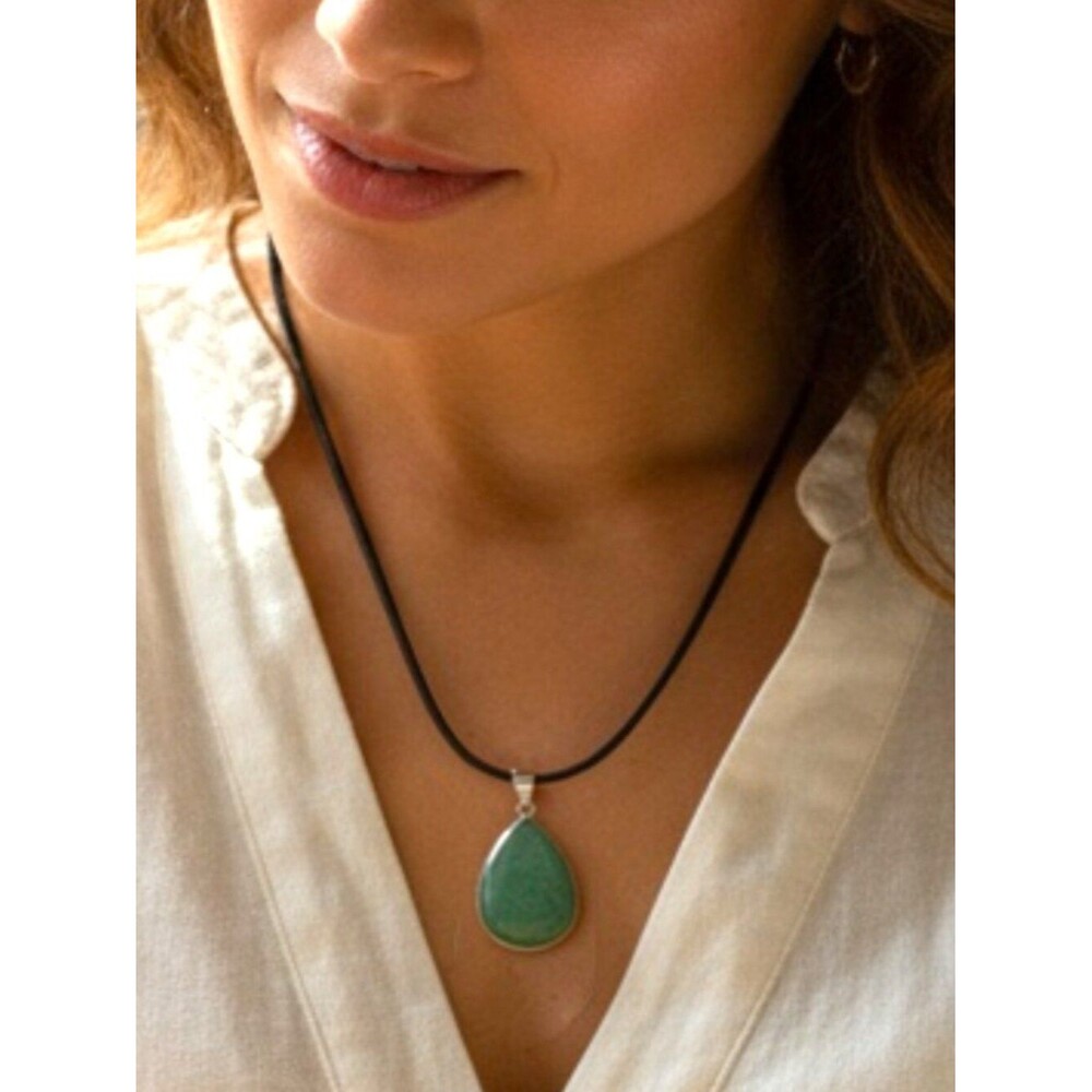 Green Aventurine Necklace Teardrop Gemstone Pendant Silver Bezel Boho